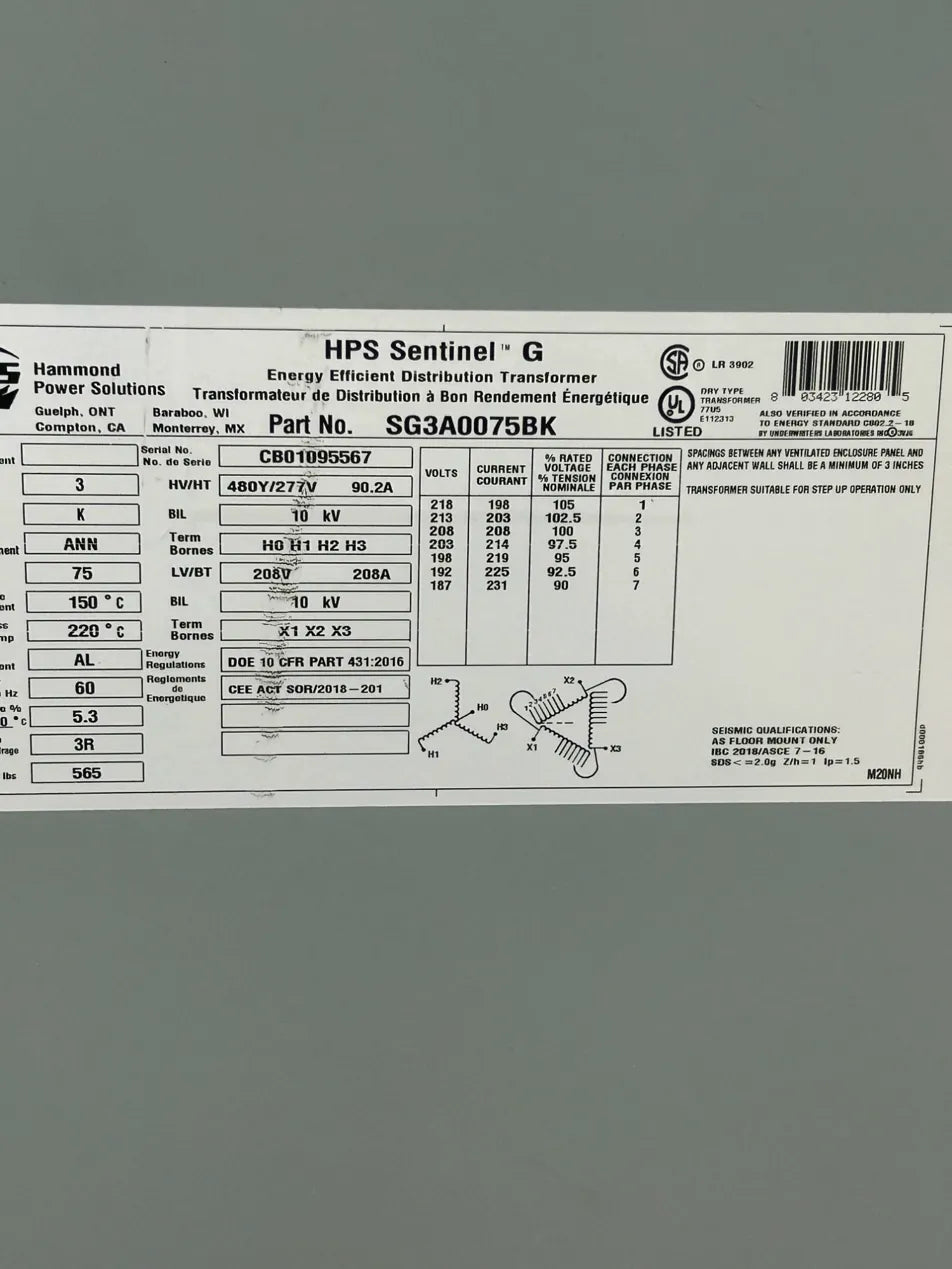 Hammond Power Solutions Dry Type Distribution Transformer SG3A0075BK