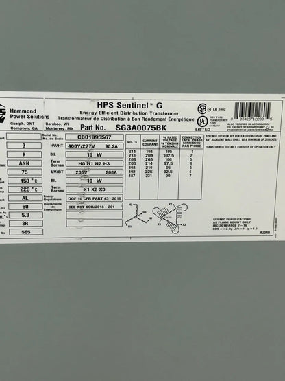 Hammond Power Solutions Dry Type Distribution Transformer SG3A0075BK
