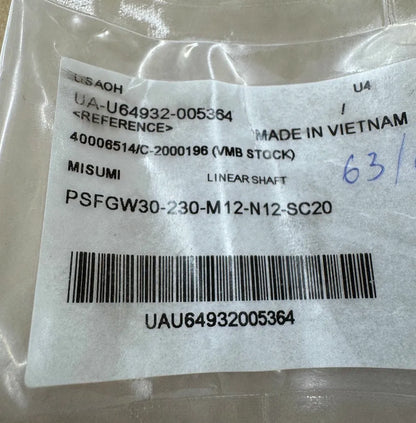 Misumi Precision Linear Shaft Both Ends Tapped PSFGW30-230-M12-N12-SC20