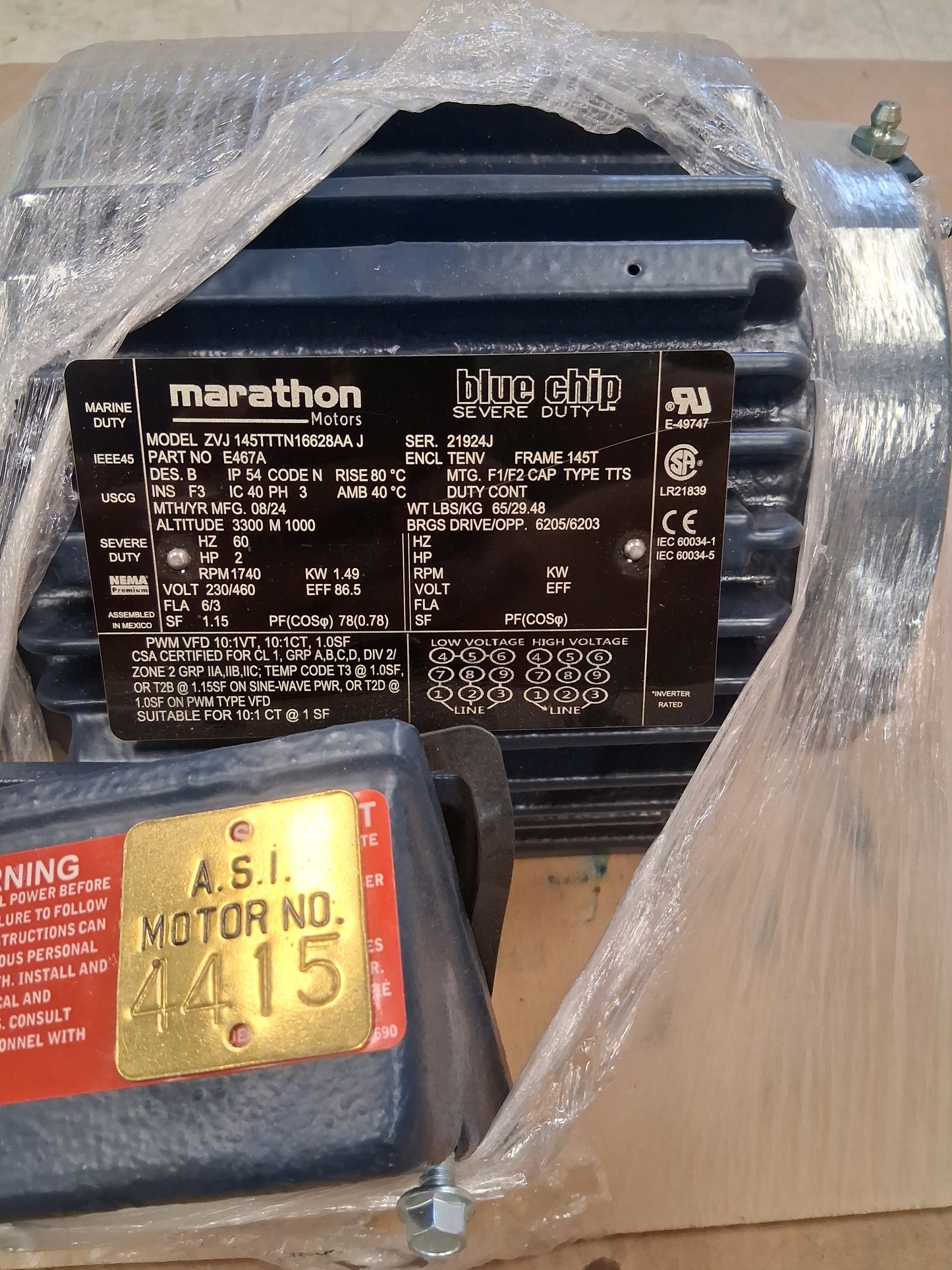 Marathon Motors Severe Duty Motor Model ZVJ 145TTTN16628AA J / Part No. E467A - 2 HP 1800 RPM
