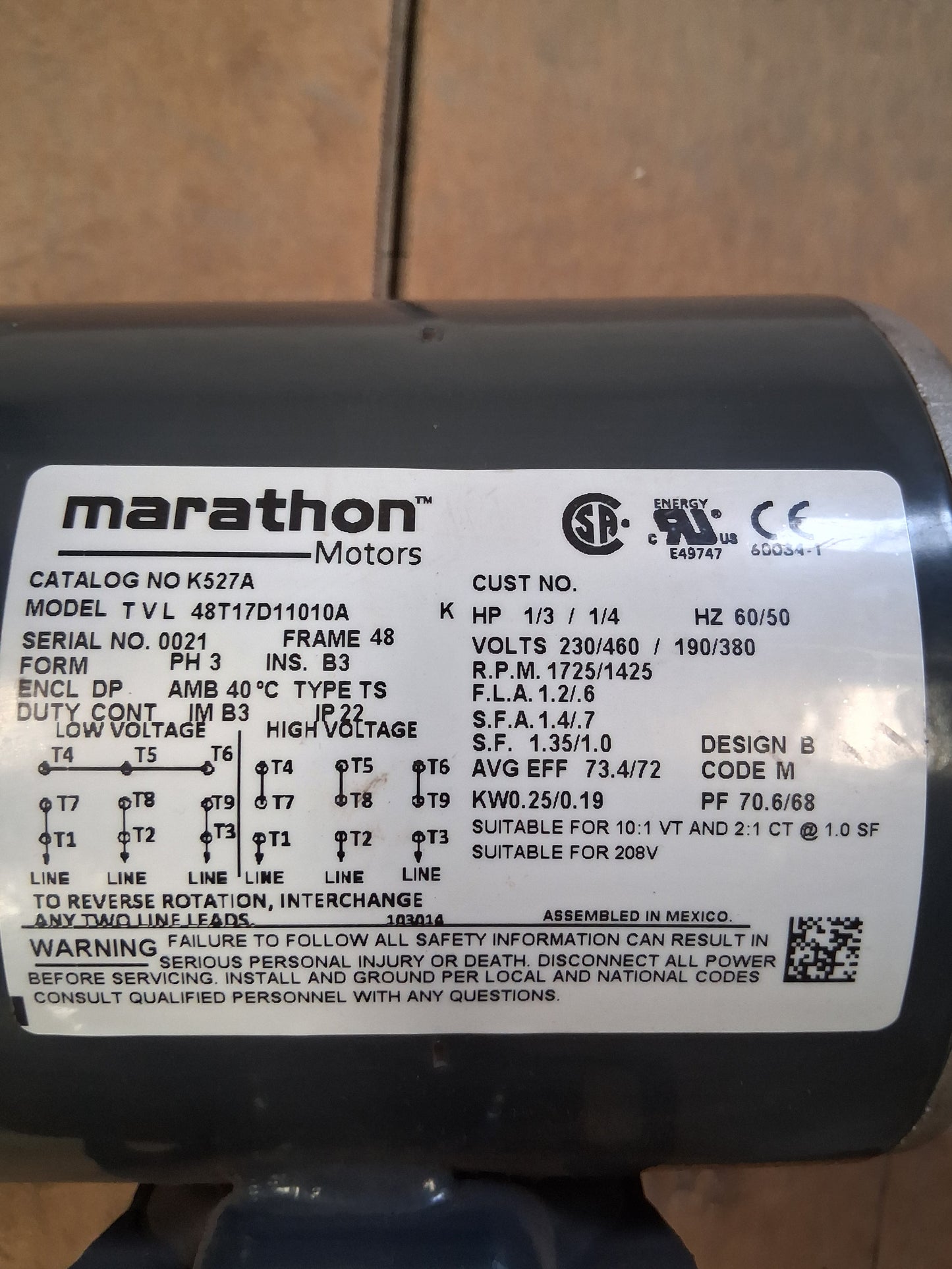 Marathon Motors AC Motor K527A / 48T17D11010A - 1 HP 1800 RPM
