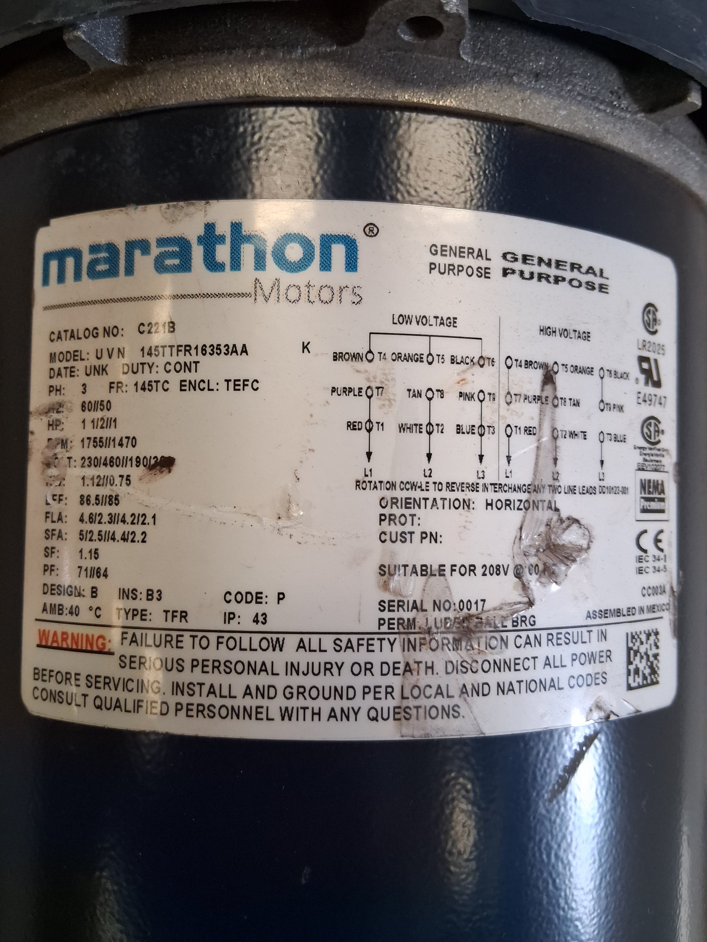 Marathon Motors General Purpose Motor C221B (145TTFR16353AA) - Variable 1800 RPM