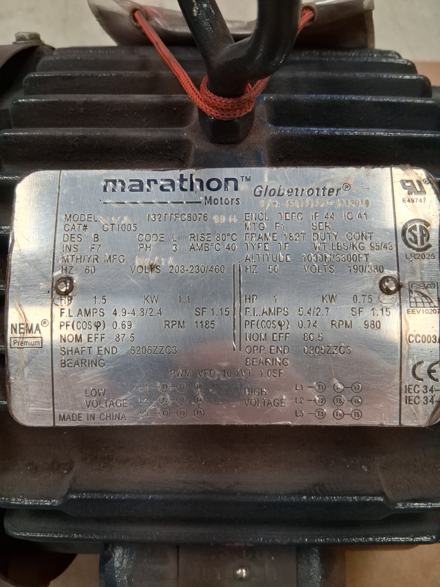 Marathon Motors AC Motor 182TTFC6076 (CAT# GT1005) - 1 kW 1200 RPM