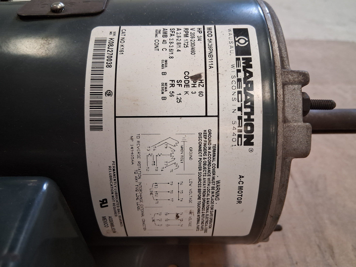 Marathon Electric AC Motor 5K36PNB111A - 1 HP 1800 RPM