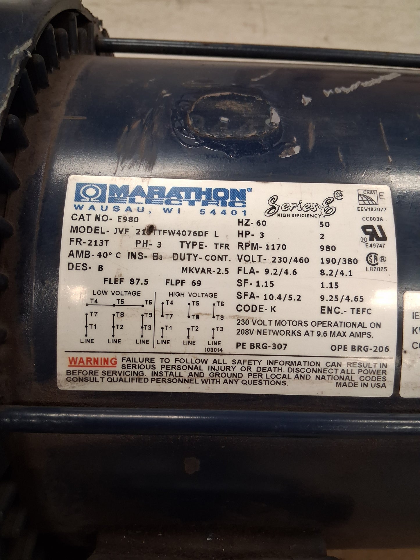 Marathon Electric Inverter Duty AC Motor JVF 213TTFW4076DF L (CAT NO. E980) - 3 HP 1200 RPM