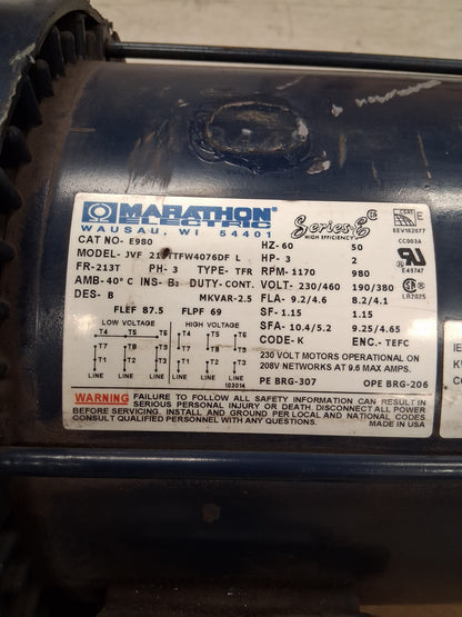 Marathon Electric Inverter Duty AC Motor JVF 213TTFW4076DF L (CAT NO. E980) - 3 HP 1200 RPM