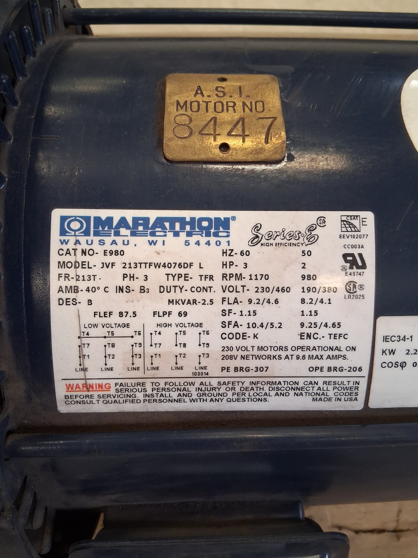 Marathon Electric Inverter Duty Motor JVF 213TTFW4076DF - 3 HP 1200 RPM