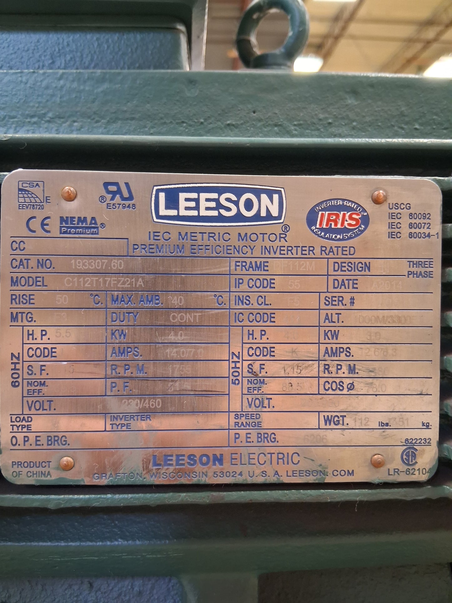Leeson Electric IEC Metric Motor 193307.60 (Model C112T17FZ21A) - 4 kW 1800 RPM