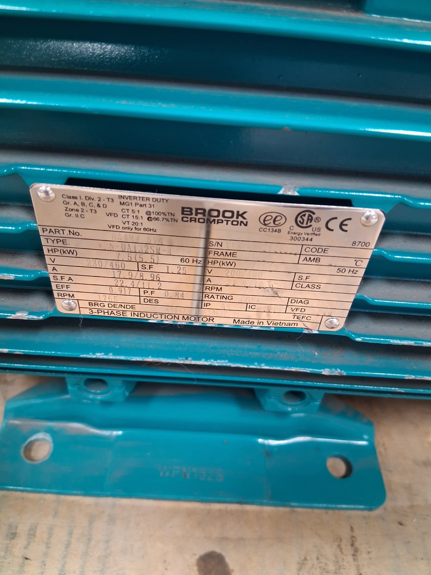 Brook Crompton 3 Phase Induction Motor BA4M7.5V4 / Type WPN-DA132SM-4 - 7 HP 1800 RPM