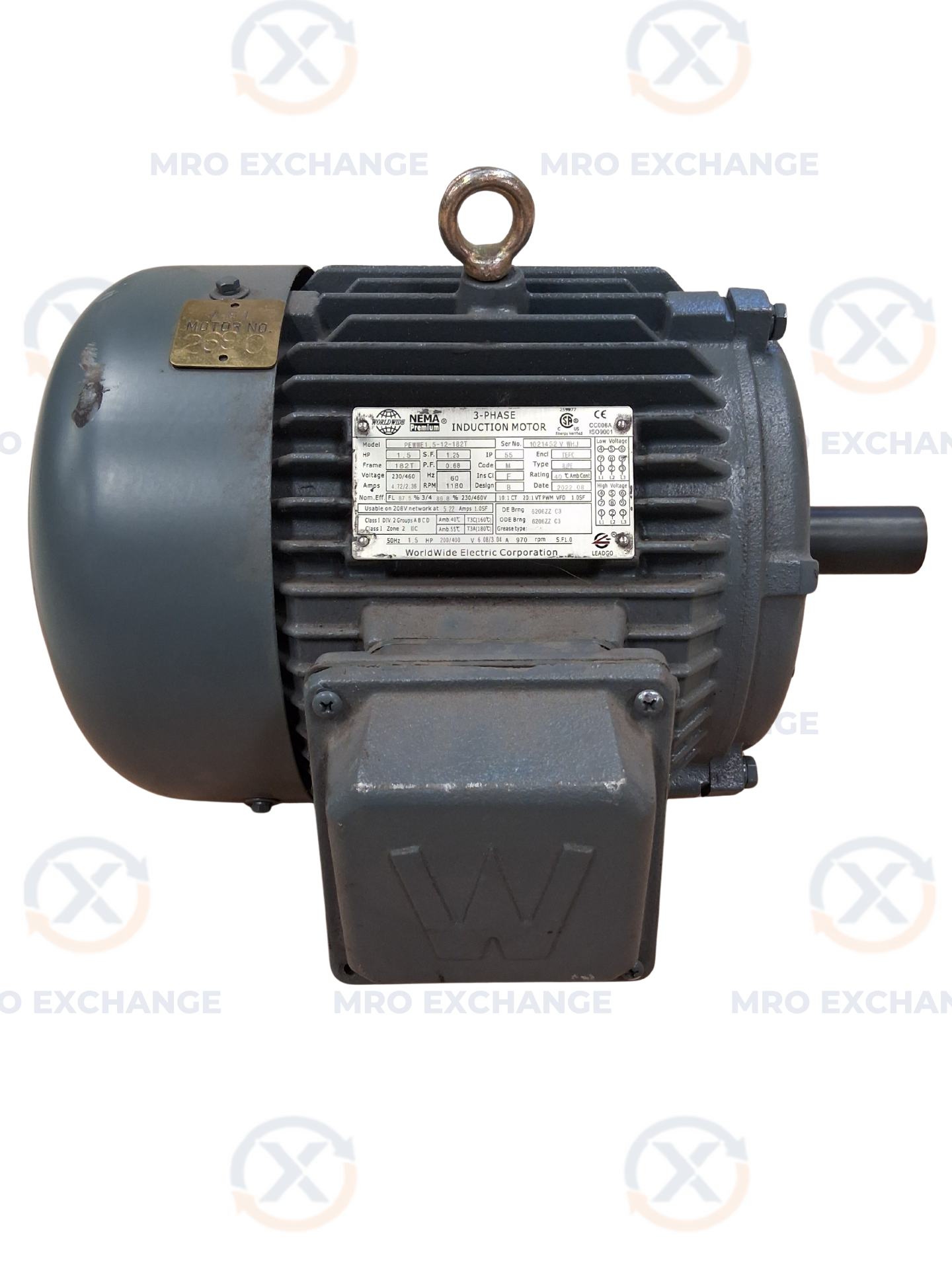 WorldWide Electric Corporation 3 Phase Induction Motor PEWWE1.5-12-182T - 2 HP 1200 RPM