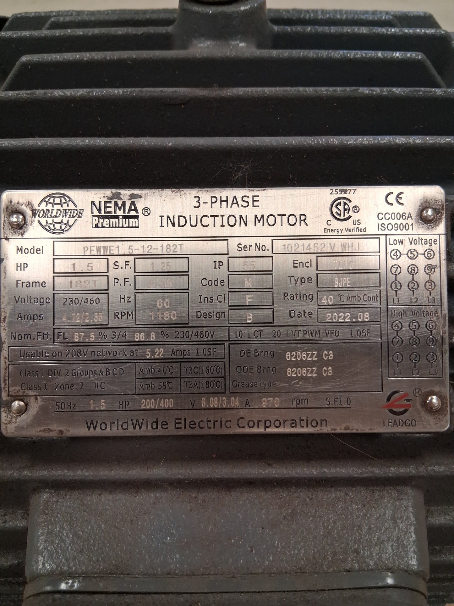 WorldWide Electric Corporation 3 Phase Induction Motor PEWWE1.5-12-182T - 2 HP 1200 RPM