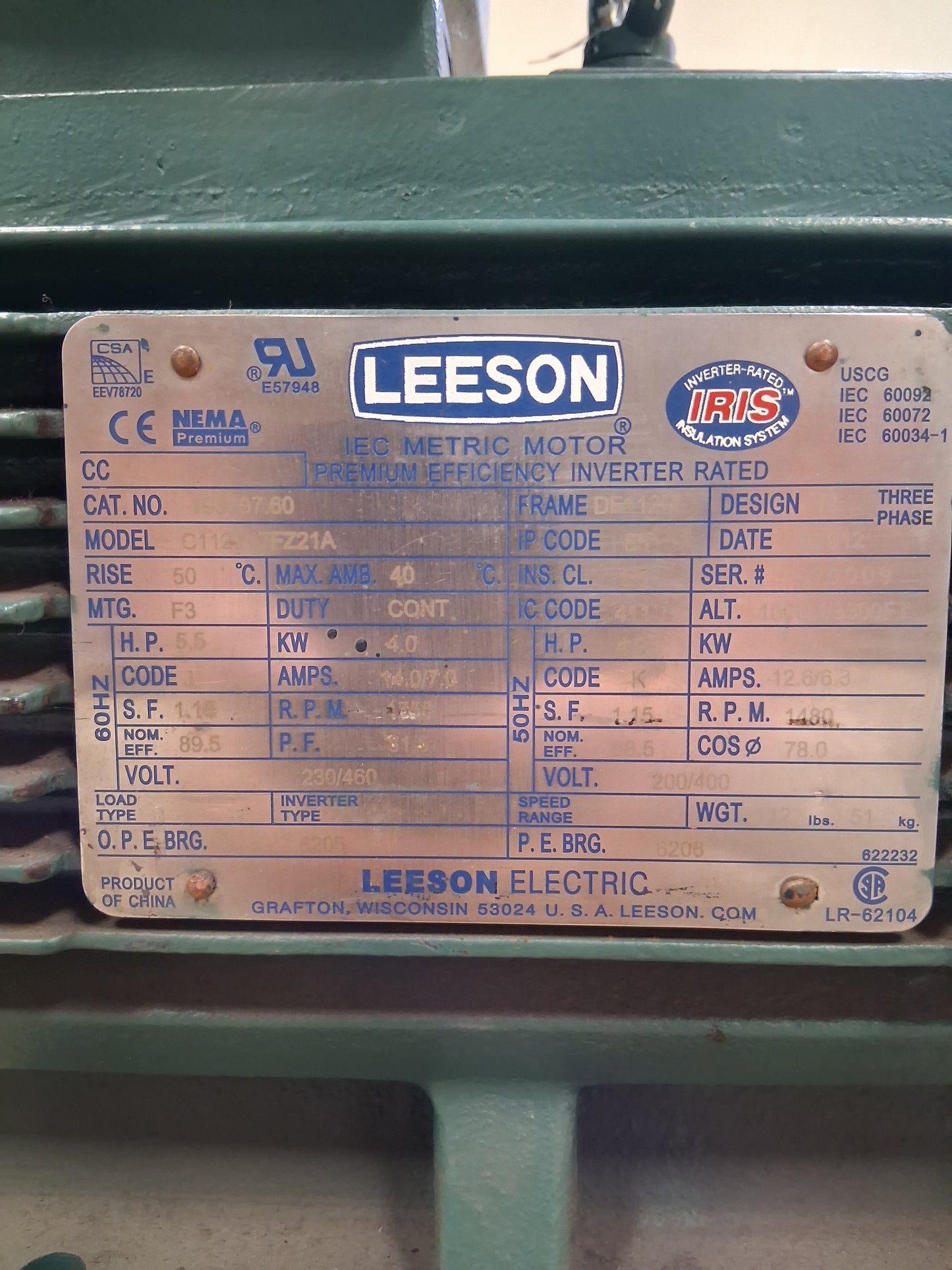 Leeson IEC Metric Motor C112T17FZ21A - 5 HP 1800 RPM