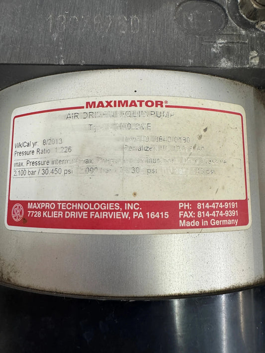 Maximator M10-2VE Air Driven Liquid Pump 450 psi (2,100 bar) Max Intermittent
