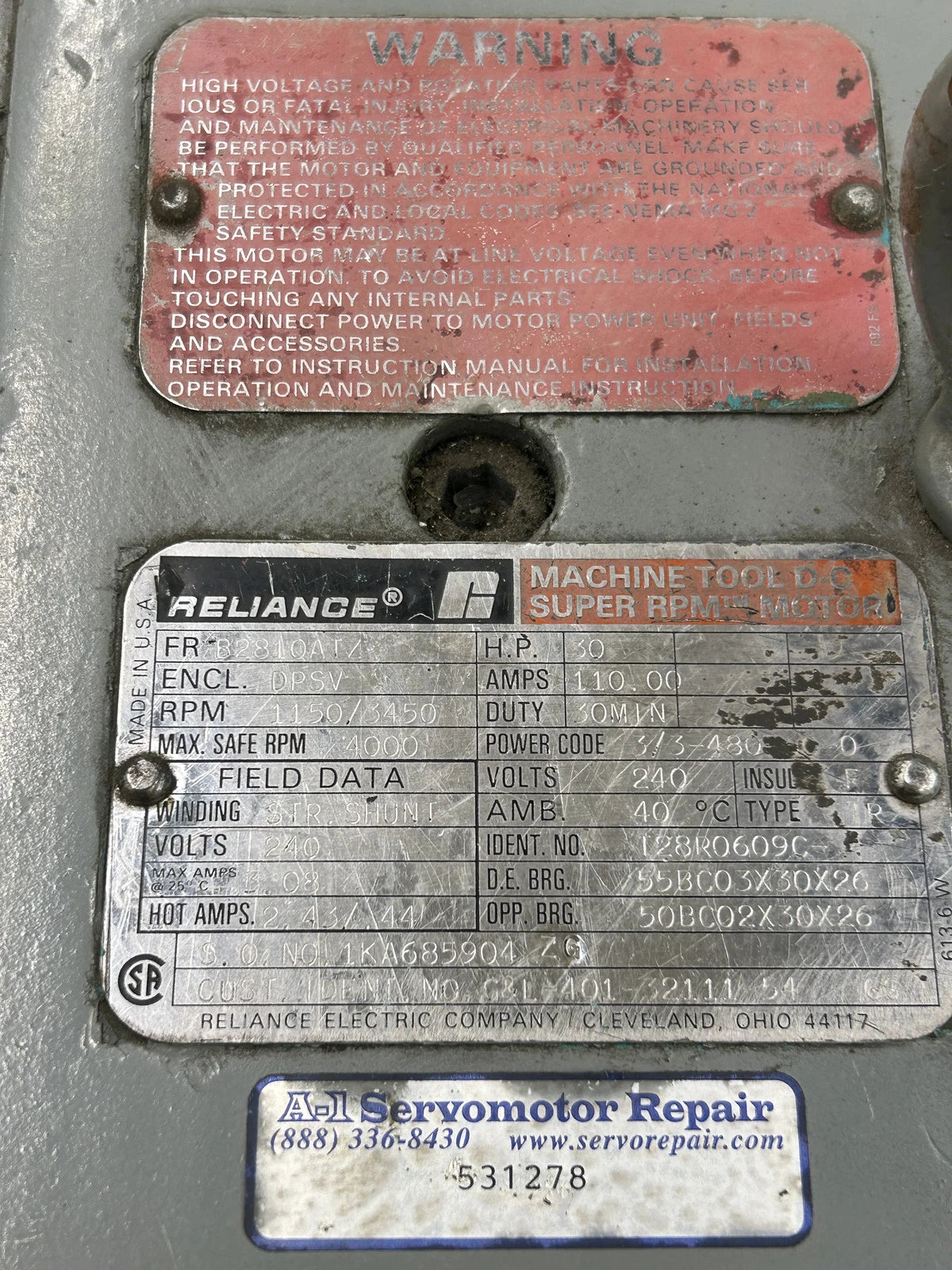 Reliance Electric DC Motor 8810ATZ - 30 HP, 240 Volts, 110 Amps, 1150/3450 RPM
