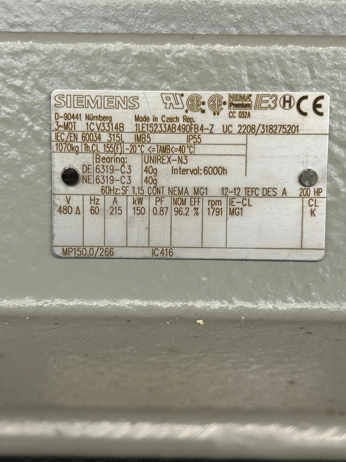 Siemens AC Induction Motor 1LE15233AB490FB4-Z - 200 HP 1800 RPM