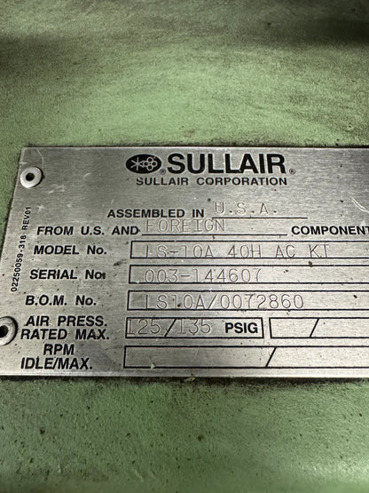 Sullair LS-10A 40H AC KT 40 HP Rotary Screw Air Compressor 125 PSIG